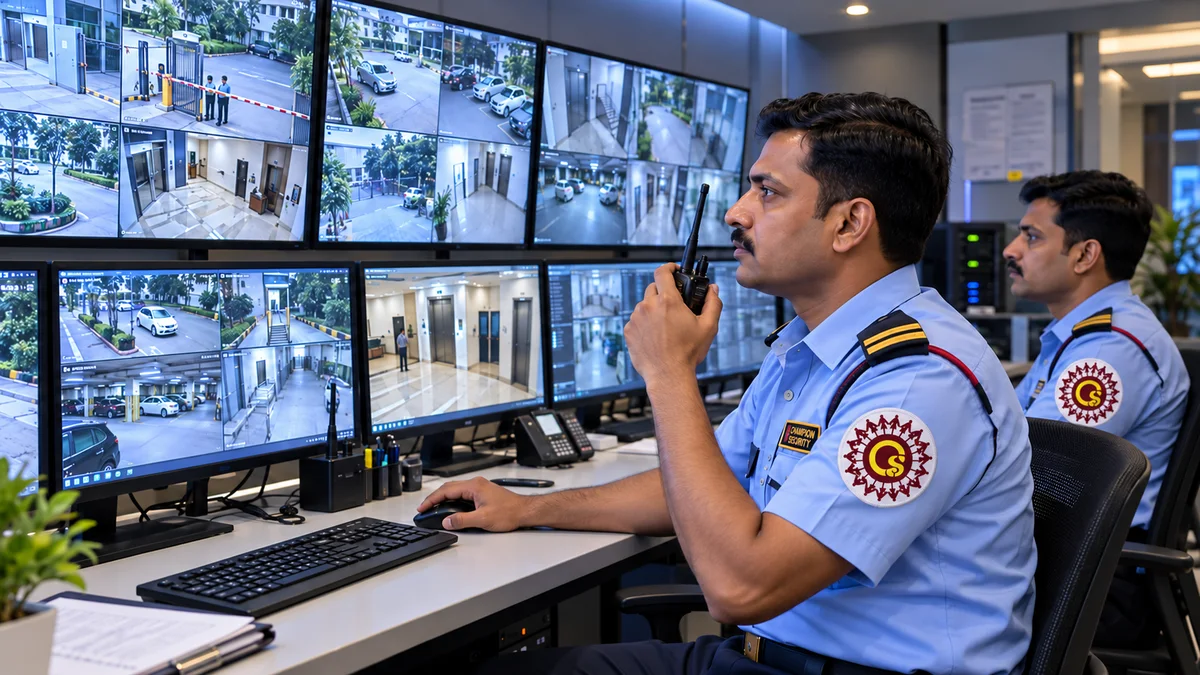 Illustrative scene of security personnel monitoring CCTV screens