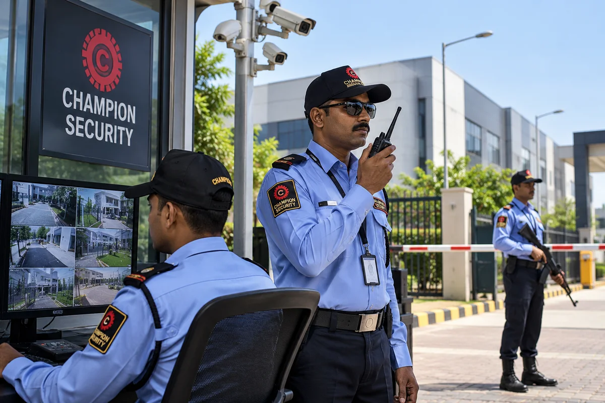 Illustrative security gatehouse and surveillance scene