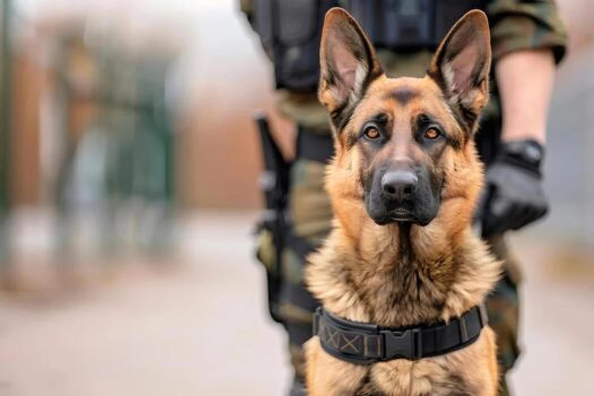 German Shepherd security dog with its handler behind it